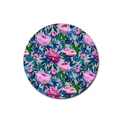 Pink Peonies Watercolor Rubber Round Coaster (4 Pack)  by SychEva