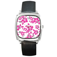 Hibiscus Pattern Pink Square Metal Watch by GrowBasket