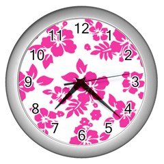 Hibiscus Pattern Pink Wall Clock (silver) by GrowBasket