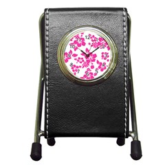 Hibiscus Pattern Pink Pen Holder Desk Clock by GrowBasket