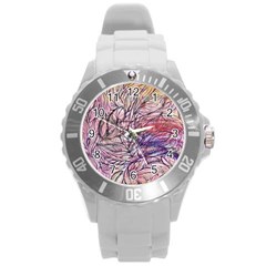 Mixed Media Leaves Round Plastic Sport Watch (l) by kaleidomarblingart