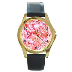 Cherry Blossom Cascades Abstract Floral Pattern Pink White  Round Gold Metal Watch by CrypticFragmentsDesign