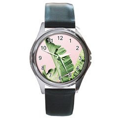 Palm Leaves On Pink Round Metal Watch by goljakoff