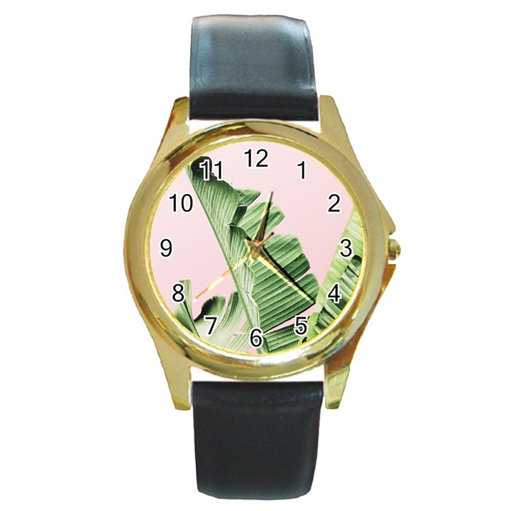 Palm leaves on pink Round Gold Metal Watch