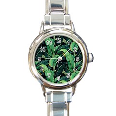 Night Banana Leaves Round Italian Charm Watch by goljakoff