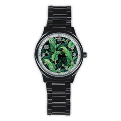 Night Banana Leaves Stainless Steel Round Watch by goljakoff