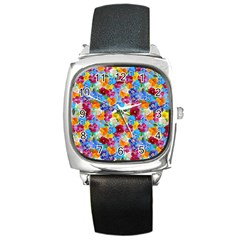 Pansies  Watercolor Flowers Square Metal Watch by SychEva