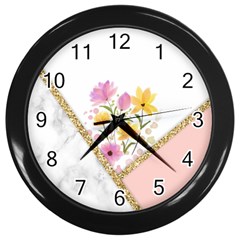 Minimal Peach Gold Floral Marble A Wall Clock (Black)