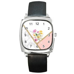 Minimal Peach Gold Floral Marble A Square Metal Watch