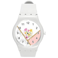 Minimal Peach Gold Floral Marble A Round Plastic Sport Watch (M)