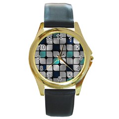 Pattern Abstrat Geometric Blue Grey Round Gold Metal Watch by alllovelyideas