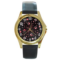 Pattern Lune Étoile Profondeur Round Gold Metal Watch by alllovelyideas