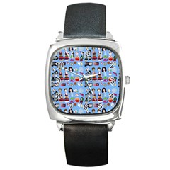 Drawing Collage Blue Square Metal Watch