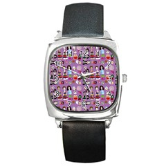 Drawing Collage Purple Square Metal Watch