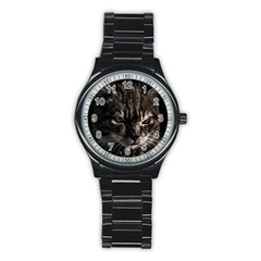 Creepy Kitten Portrait Photo Illustration Stainless Steel Round Watch