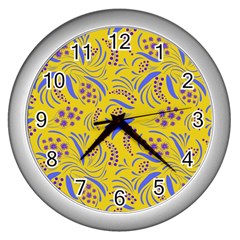 Folk Flowers Art Pattern Floral Abstract Surface Design  Seamless Pattern Wall Clock (silver) by Eskimos