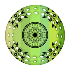 Green Grid Cute Flower Mandala Round Filigree Ornament (two Sides)