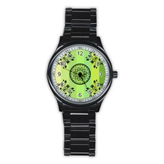 Green Grid Cute Flower Mandala Stainless Steel Round Watch by Magicworlddreamarts1