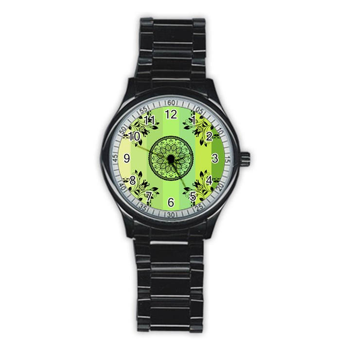 Green Grid Cute Flower Mandala Stainless Steel Round Watch