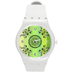 Green Grid Cute Flower Mandala Round Plastic Sport Watch (m) by Magicworlddreamarts1