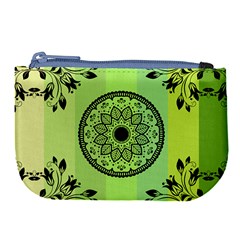 Green Grid Cute Flower Mandala Large Coin Purse