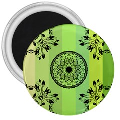 Green Grid Cute Flower Mandala 3  Magnets