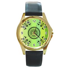 Green Grid Cute Flower Mandala Round Gold Metal Watch by Magicworlddreamarts1