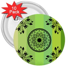 Green Grid Cute Flower Mandala 3  Buttons (10 Pack)  by Magicworlddreamarts1