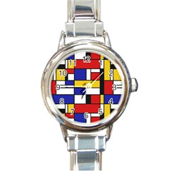 Stripes And Colors Textile Pattern Retro Round Italian Charm Watch by DinzDas