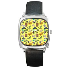 Tropical Island Tiki Parrots, Mask And Palm Trees Square Metal Watch by DinzDas