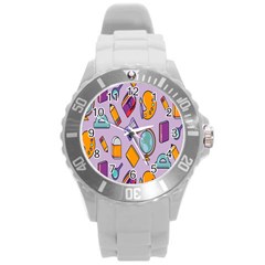 Back To School And Schools Out Kids Pattern Round Plastic Sport Watch (l) by DinzDas