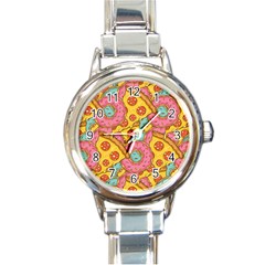 Fast Food Pizza And Donut Pattern Round Italian Charm Watch by DinzDas