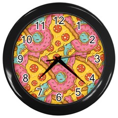 Fast Food Pizza And Donut Pattern Wall Clock (black)