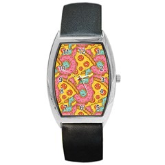 Fast Food Pizza And Donut Pattern Barrel Style Metal Watch by DinzDas