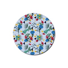 Blue Floral Stripes Rubber Round Coaster (4 Pack)  by designsbymallika