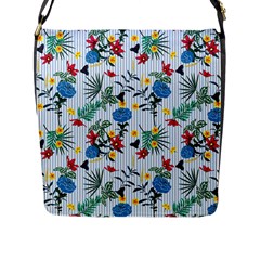 Blue Floral Stripes Flap Closure Messenger Bag (l) by designsbymallika