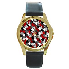 Abstract Paint Splashes, Mixed Colors, Black, Red, White Round Gold Metal Watch