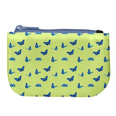 Blue Butterflies At Lemon Yellow, Nature Themed Pattern Large Coin Purse by Casemiro