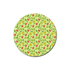 Vector Fruits Pattern, Pastel Colors, Yellow Background Rubber Round Coaster (4 Pack)  by Casemiro