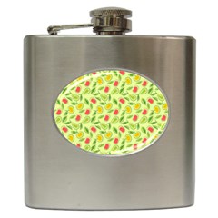 Vector Fruits pattern, pastel colors, yellow background Hip Flask (6 oz)