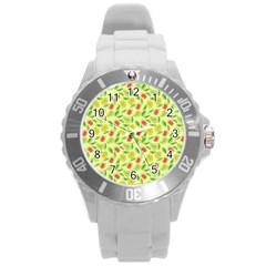 Vector Fruits pattern, pastel colors, yellow background Round Plastic Sport Watch (L)