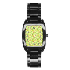 Vector Fruits pattern, pastel colors, yellow background Stainless Steel Barrel Watch