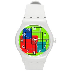 Colorful Rectangle Boxes Round Plastic Sport Watch (m) by Magicworlddreamarts1