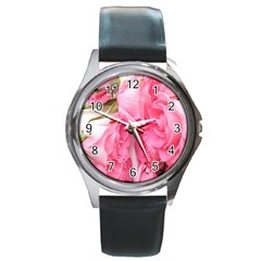 Scattered Magenta Roses Round Metal Watch by kaleidomarblingart