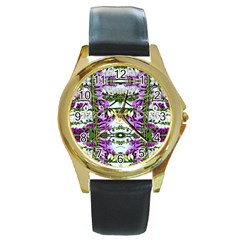 Woven Floral Repeat Round Gold Metal Watch by kaleidomarblingart