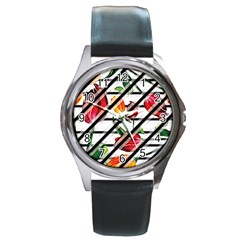 Stripes Tulips Pattern Round Metal Watch by designsbymallika