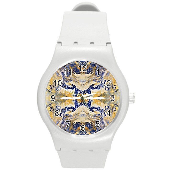 Gold on blue symmetry Round Plastic Sport Watch (M)