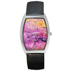 Magenta On Ochre Abstract  Barrel Style Metal Watch by kaleidomarblingart