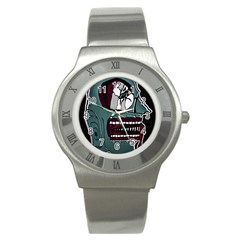 Colored Creepy Man Portrait Illustration Stainless Steel Watch by dflcprintsclothing