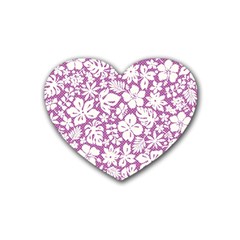 White Hawaiian Flowers On Purple Rubber Coaster (heart)  by AnkouArts